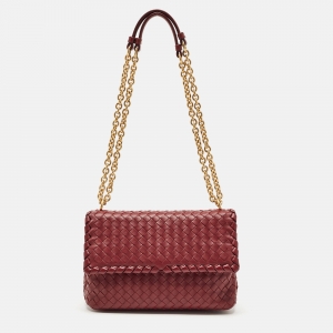 Pre Owned Bottega Veneta Dark Red Intrecciato Leather Small Olimpia Shoulder Bag
