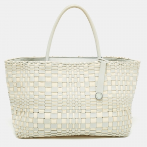 Pre Owned Bottega Veneta Light Blue/White Intrecciato Leather Tote