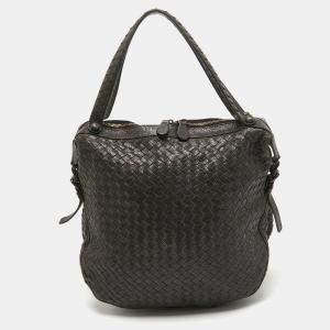 Pre Owned Bottega Veneta Black Shimmer Intrecciato Leather Buckle Detail Hobo