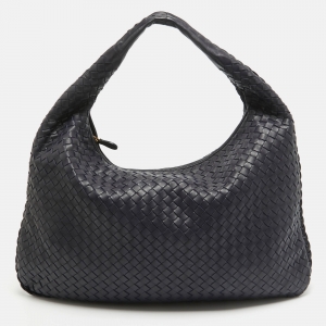 Pre Owned Bottega Veneta Dark Blue Intrecciato Leather Large Veneta Hobo