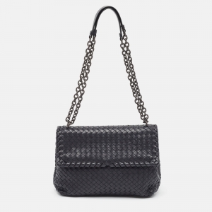 Pre Owned Bottega Veneta Navy Blue Intrecciato Leather Medium Olimpia Flap Shoulder Bag