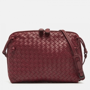 Pre Owned Bottega Veneta Dark Red Intrecciato Leather Nodini Crossbody Bag