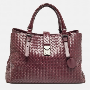 Pre Owned Bottega Veneta Burgundy Intrecciato Leather Medium Roma Tote