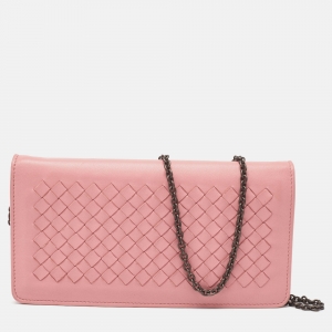 Pre Owned Bottega Veneta Light Pink Intrecciato Leather Flap Chain Clutch