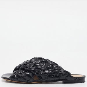 Pre Owned Bottega Veneta Black Intrecciato Leather The Board Flat Slides Size 40.5 