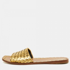 Pre Owned Bottega Veneta Gold Intrecciato Leather Flat Slides Size 39