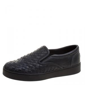 Bottega Veneta Black Intrecciato Leather Slip On Sneakers Size 37