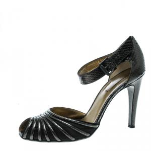 Pre Owned Bottega Veneta Metallic Grey Snakeskin Leather and Satin Ankle Strap Peep Toe Sandals Size 40.5