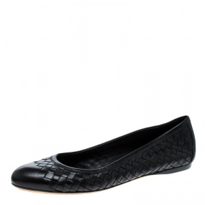 Pre Owned Bottega Veneta Black Intrecciato Leather Ballet Flats Size 40