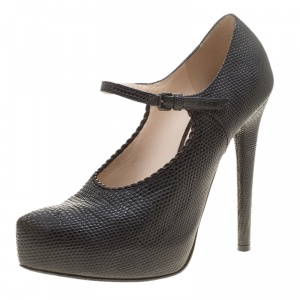 Pre Owned Bottega Veneta Black Lizard Leather Mary Jane Platform Pumps Size 37