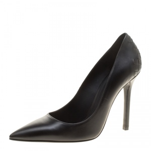 Pre Owned Bottega Veneta Black Leather Intrecciato Detail Pointed Toe Pumps Size 36