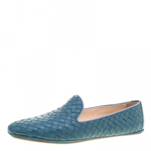 Pre Owned Bottega Veneta Blue Intrecciato Leather Smoking Slippers Size 38