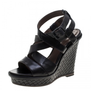Pre Owned Bottega Veneta Black Leather Intrecciato Heel Wedge Sandals Size 40
