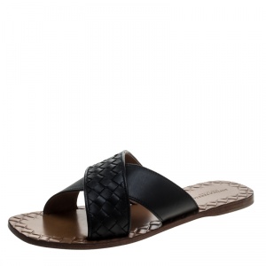 Pre Owned Bottega Veneta Black Intrecciato Leather Cross Strap Flat Slides Size 39