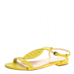 Pre Owned Bottega Veneta Lime Green Intrecciato Leather Ankle Strap Flat Sandals Size 37.5