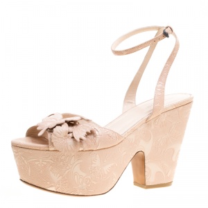 Pre Owned Bottega Veneta Beige Butterfly Embossed Leather Ankle Wrap Platform Wedge Sandals Size 40