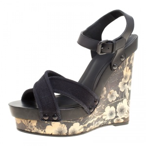 Pre Owned Bottega Veneta Black Leather and Canvas Floral Printed Wooden Wedge Cross Strap Sandals Size 40.5