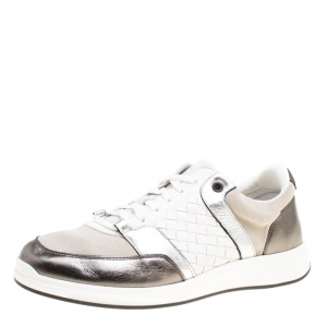 Pre Owned Bottega Veneta Tricolor Intrecciato Leather and Suede Sneakers Size 39.5