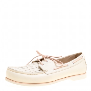 Pre Owned Bottega Veneta Cream Intrecciato Leather Boat Loafers Size 39