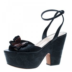 Pre Owned Bottega Veneta Black Leather Snakeskin Detail Butterfly Gilda Wedge Sandals Size 40