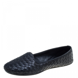 Pre Owned Bottega Veneta Black Intrecciato Leather Smoking Slippers Size 38.5
