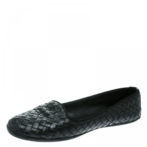 Pre Owned Bottega Veneta Black Intrecciato Leather Ballet Flats Size 37.5