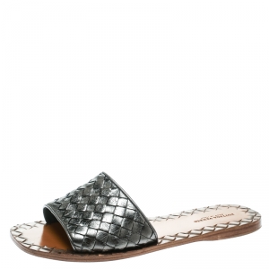 Pre Owned Bottega Veneta Antique Silver Leather Intrecciato Flat Slides Size 36.5