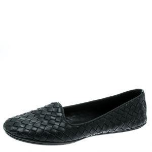 Pre Owned Bottega Veneta Grey Intrecciato Leather Ballet Flats Size 37