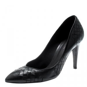 Pre Owned Bottega Veneta Black Leather Intrecciato Detail Pumps Size 40