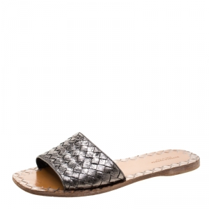 Pre Owned Bottega Veneta Metallic Green Intrecciato Leather Flat Slides Size 38
