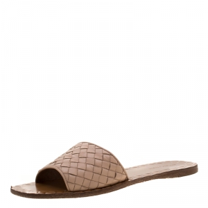 Pre Owned Bottega Veneta Beige Intrecciato Leather Flat Slides Size 37