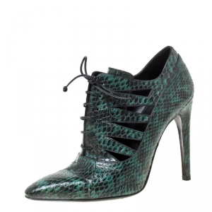 Pre Owned  Bottega Veneta Green Python Leather Cutout Lace-Up Ankle Boots Size 38