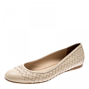 Pre Owned Bottega Veneta Beige Intrecciato Leather Ballet Flats Size 39