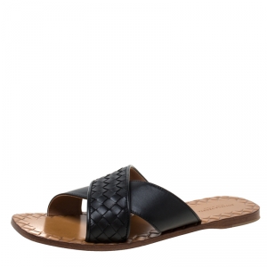 Pre Owned Bottega Veneta Black Criss Cross Intrecciato Leather Ravello Flat Slides Size 39