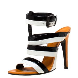 Pre Owned Bottega Veneta White/Black Strappy Leather Ankle Strap Sandals Size 37