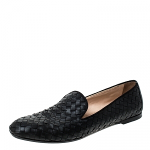 Pre Owned Bottega Veneta Black Intrecciato Leather Slip On Flats Size 39.5