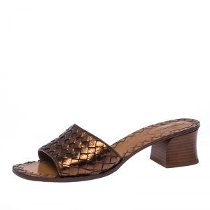 Pre Owned Bottega Veneta Metallic Bronze Intrecciato Leather Ravello Flat Slides Size 38