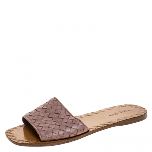Pre Owned Bottega Veneta Beige Intrecciato Leather Flat Slides Size 38