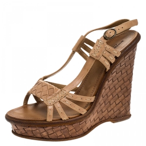 Pre Owned  Bottega Veneta Beige Leather Slingback Platform Wedge Sandals Size 36.5 