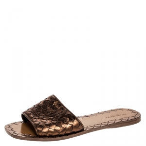 Pre Owned Bottega Veneta Metallic Bronze Intrecciato Leather Flat Slides Size 37