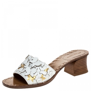 Pre Owned Bottega Veneta White Intrecciato Leather Butterfly Applique Ravello Flat Slides Size 36