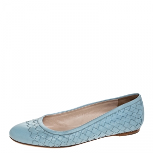 Pre Owned Bottega Veneta Blue Intrecciato Leather Ballet Flats Size 38