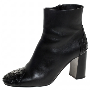 Pre Owned Bottega Veneta Black Leather And Intrecciato Cap Toe Leather Ankle Boots Size 40