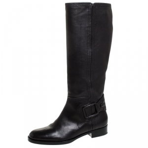 Pre Owned Bottega Veneta Black Leather Intrecciato Buckle Detail Knee Long Boots Size 39