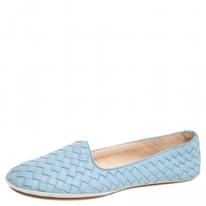 Pre Owned Bottega Veneta Pale Blue Intrecciato Leather Ballet Flats Size 40
