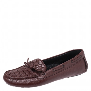 Pre Owned Bottega Veneta Brown Intrecciato Leather Bow Slip On Loafers Size 37.5