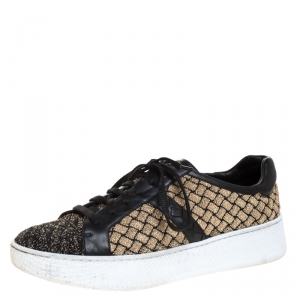 Pre Owned Bottega Veneta Black/Gold Woven Fabric and Leather Lace Low Top Sneakers Size 40