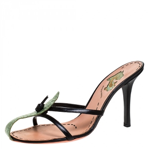 Pre Owned Bottega Veneta Black/Green Leather And Embossed Leather With Knot Detail Slide Sandals Size 40.5