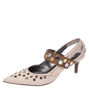 Pre Owned Bottega Veneta Beige/Brown Leather Studded Mary Jane Pumps Size 38