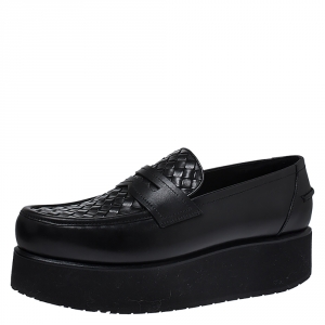 Pre Owned Bottega Veneta Black Intrecciato Leather Platform Loafers Size 39